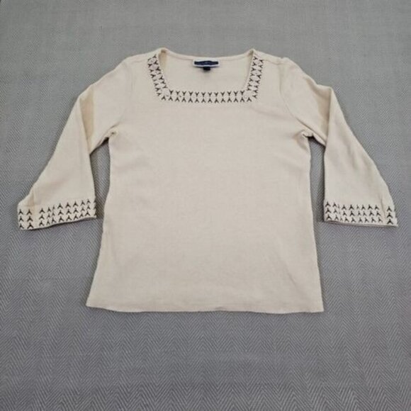 Karen Scott Embellished Square Neck Sweater Small Taupe Long Sleeve Old Money - Picture 2 of 16